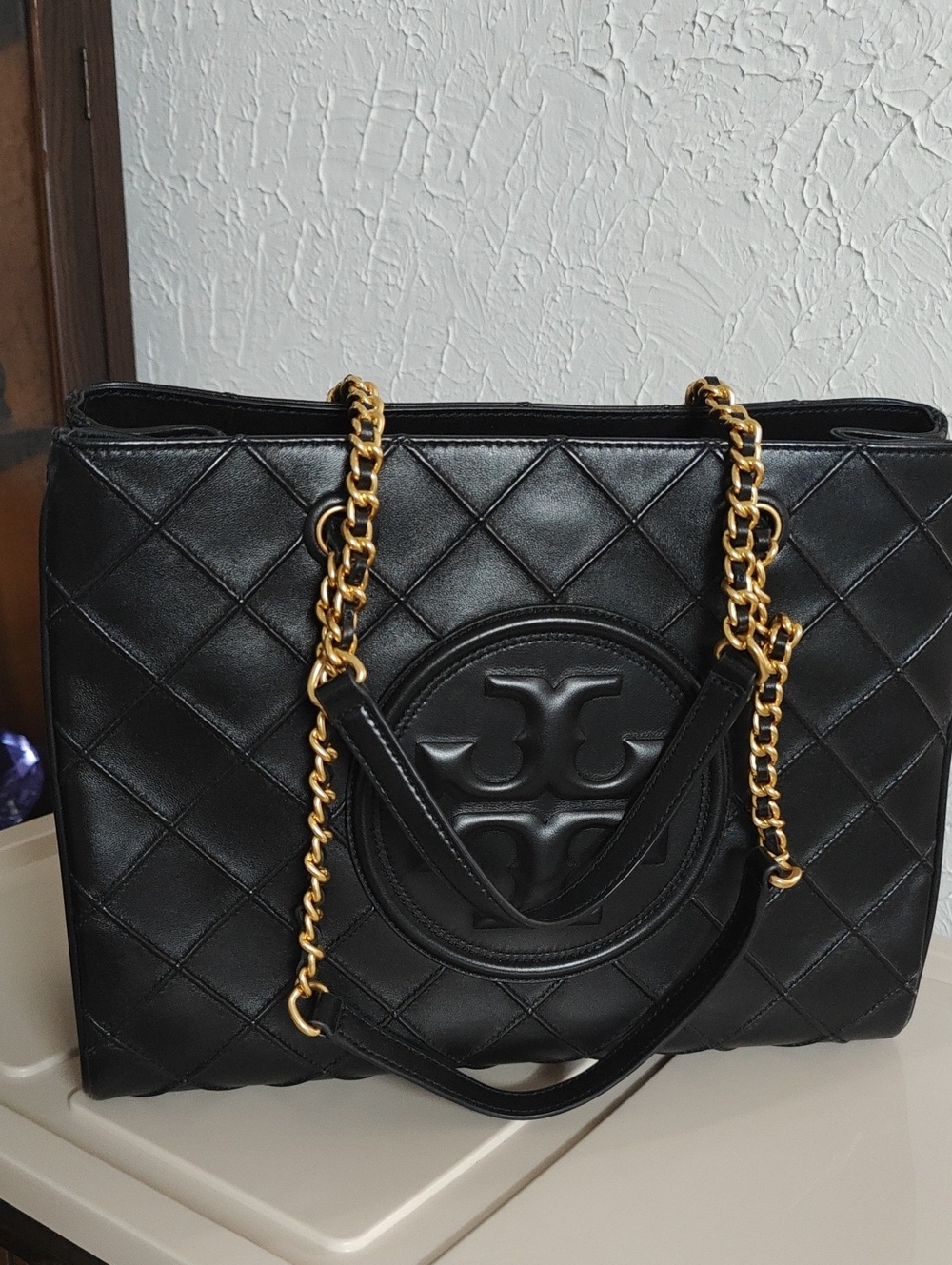 Tory Burch Fleming Soft Leather Tote with Gold Chain Straps